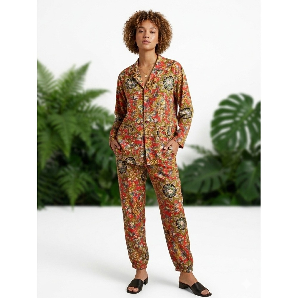 Kenzo Vintage 2 Piece Set Red Floral Mandala Shirt and Pants Outfit